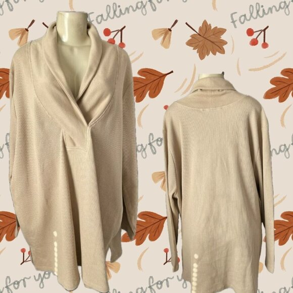 Roaman's + 34/36 Beige Thermal Knit Pattern Shawl Collar Long Sleeve Tunic Top - Picture 1 of 6